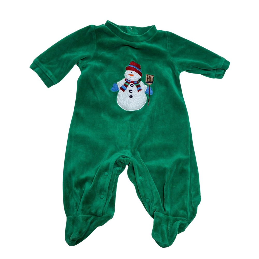 Baby UR It Kids 0-3M Footed Sleeper Green Snowman Christmas Velour Romper